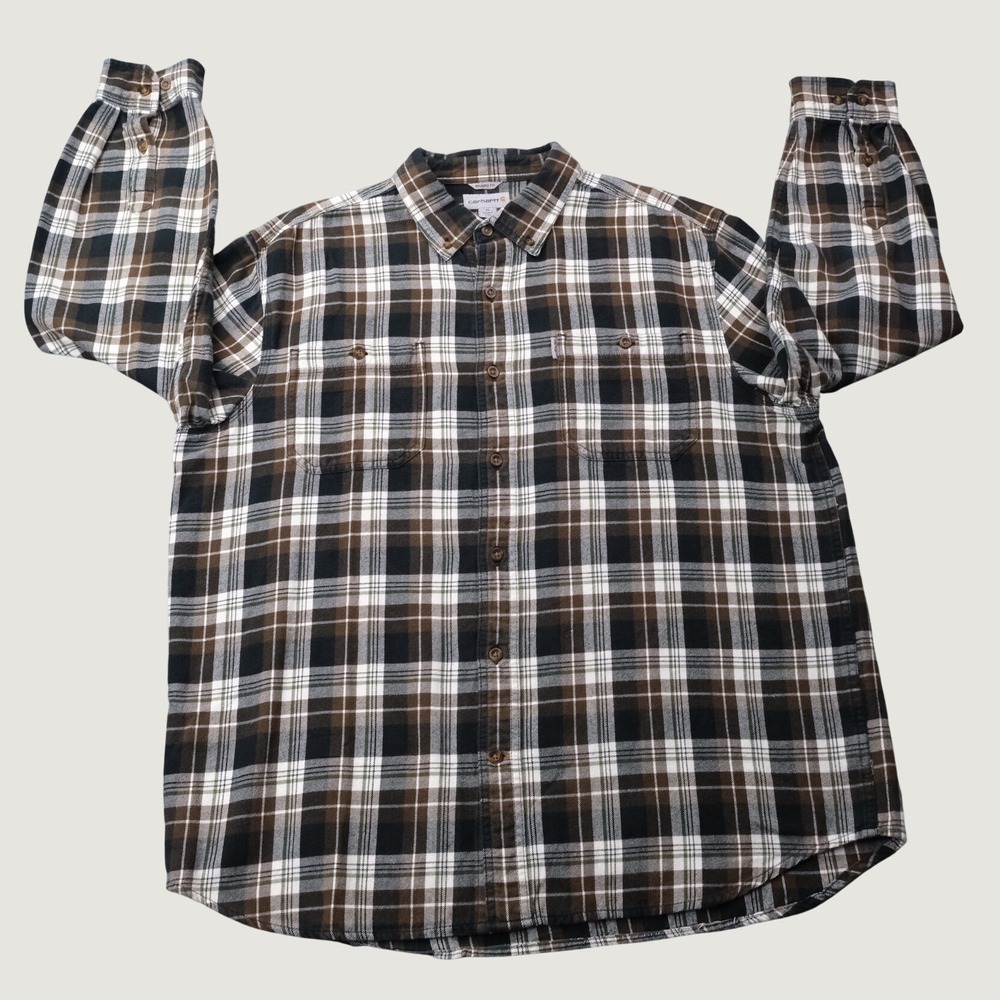 Carhartt Flannel Shirt Relaxed Fit XL Brown Plaid Cotton Button Down 1